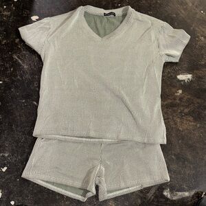 Ribbed Short Sleeve Tee and Shorts Lounge Set - Sage Green